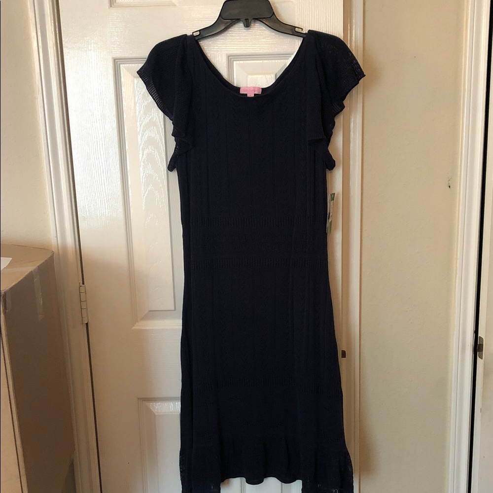 NWT Vintage Lilly Pulitzer Navy blue crocheted Midi Harmony Sweater Dress Large